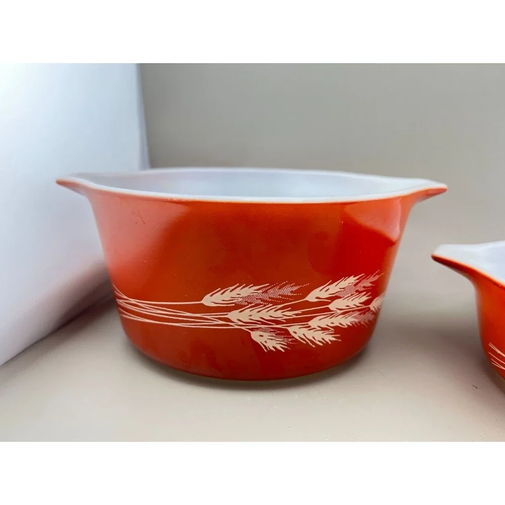 Vtg PYREX 2pc Autumn Harvest Wheat Nesting Casserole Dish Bowls 473-B 471-B Rust
